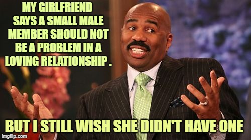 things women say | MY GIRLFRIEND SAYS A SMALL MALE MEMBER SHOULD NOT BE A PROBLEM IN A LOVING RELATIONSHIP . BUT I STILL WISH SHE DIDN'T HAVE ONE | image tagged in memes,steve harvey | made w/ Imgflip meme maker