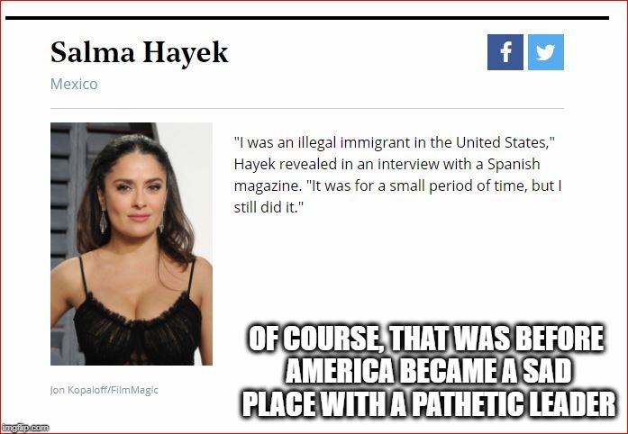 99.9% of Undocumented are decent folks | OF COURSE, THAT WAS BEFORE AMERICA BECAME A SAD PLACE WITH A PATHETIC LEADER | image tagged in memes,salma hayek,illegal immigration,immigration,girl,actors | made w/ Imgflip meme maker