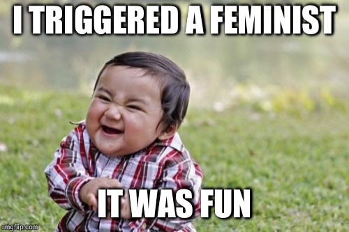 Evil toddler week, June 14 to 21, a DomDoesMemes campaign! | I TRIGGERED A FEMINIST; IT WAS FUN | image tagged in memes,evil toddler | made w/ Imgflip meme maker