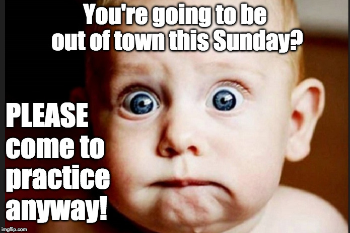 What do you mean?
 | You're going to be out of town this Sunday? PLEASE come to practice anyway! | image tagged in catapult acting camp audition workshop intensive | made w/ Imgflip meme maker