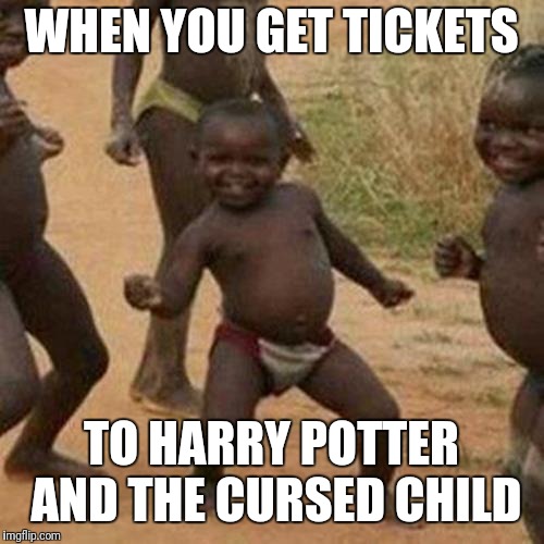 Third World Success Kid Meme | WHEN YOU GET TICKETS; TO HARRY POTTER AND THE CURSED CHILD | image tagged in memes,third world success kid | made w/ Imgflip meme maker