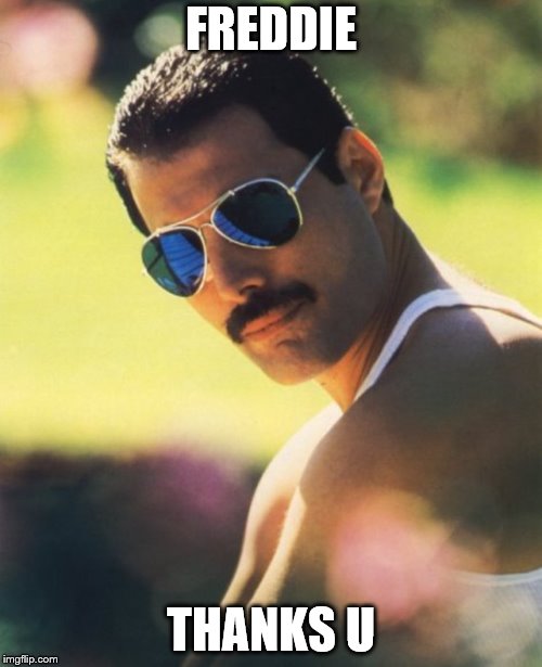 Freddie Mercury Mr. Bad Guy | FREDDIE; THANKS U | image tagged in freddie mercury mr bad guy | made w/ Imgflip meme maker