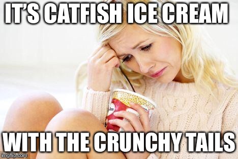 crying woman eating ice cream | IT’S CATFISH ICE CREAM; WITH THE CRUNCHY TAILS | image tagged in crying woman eating ice cream,catfish,crunchy,memes | made w/ Imgflip meme maker