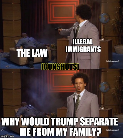 Who Killed Hannibal Meme | ILLEGAL IMMIGRANTS; THE LAW; [GUNSHOTS]; WHY WOULD TRUMP SEPARATE ME FROM MY FAMILY? | image tagged in who killed hannibal | made w/ Imgflip meme maker