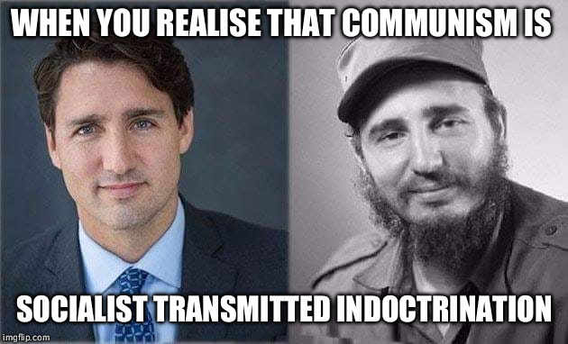 WHEN YOU REALISE THAT COMMUNISM IS; SOCIALIST TRANSMITTED INDOCTRINATION | image tagged in castrudeau | made w/ Imgflip meme maker