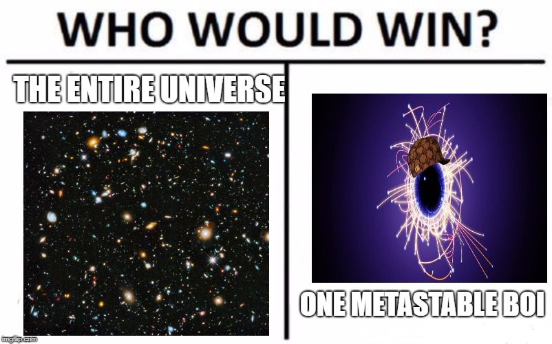 Who Would Win? Meme | THE ENTIRE UNIVERSE; ONE METASTABLE BOI | image tagged in memes,who would win,scumbag | made w/ Imgflip meme maker