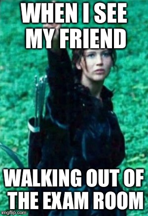 Hunger games | WHEN I SEE MY FRIEND; WALKING OUT OF THE EXAM ROOM | image tagged in hunger games | made w/ Imgflip meme maker