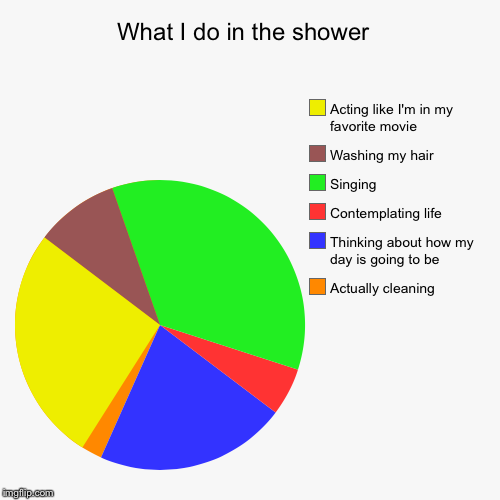 What I do in the shower  | Actually cleaning, Thinking about how my day is going to be , Contemplating life, Singing, Washing my hair , Acti | image tagged in funny,pie charts | made w/ Imgflip chart maker