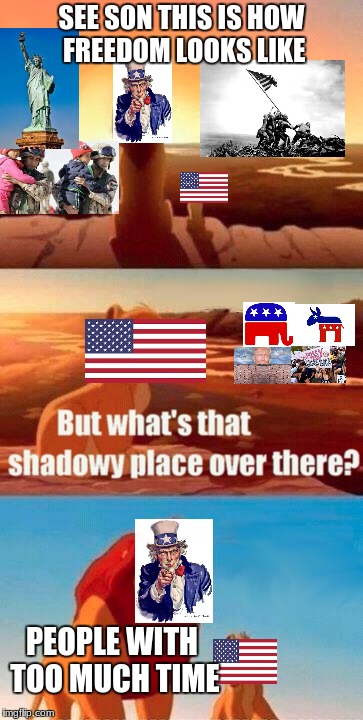 Simba Shadowy Place | SEE SON THIS IS HOW FREEDOM LOOKS LIKE; PEOPLE WITH TOO MUCH TIME | image tagged in politics,memes,simba shadowy place,uncle sam | made w/ Imgflip meme maker