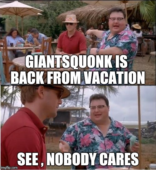 Unplugged for some R 'n' R | GIANTSQUONK IS BACK FROM VACATION | image tagged in nobody cares,troll,coollew | made w/ Imgflip meme maker