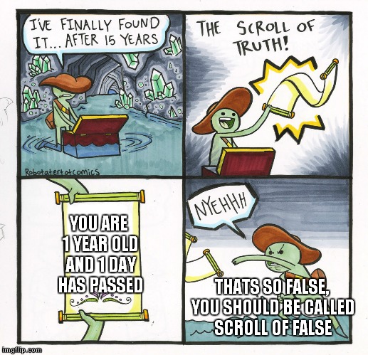The Scroll Of Truth Meme | YOU ARE 1 YEAR OLD AND 1 DAY HAS PASSED; THATS SO FALSE, YOU SHOULD BE CALLED SCROLL OF FALSE | image tagged in memes,the scroll of truth | made w/ Imgflip meme maker