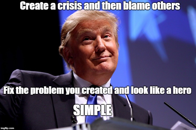 Donald Trump | Create a crisis and then blame others; Fix the problem you created and look like a hero; SIMPLE | image tagged in donald trump | made w/ Imgflip meme maker