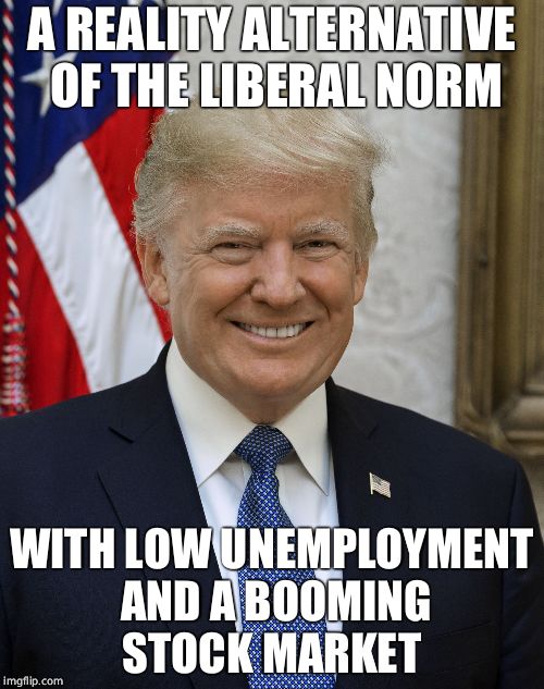 Smug Trump | A REALITY ALTERNATIVE OF THE LIBERAL NORM WITH LOW UNEMPLOYMENT AND A BOOMING STOCK MARKET | image tagged in smug trump | made w/ Imgflip meme maker