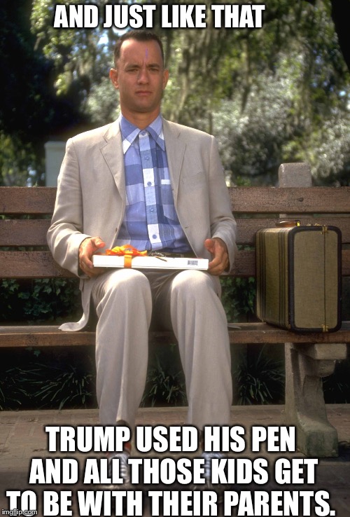 Forrest Gump | AND JUST LIKE THAT; TRUMP USED HIS PEN AND ALL THOSE KIDS GET TO BE WITH THEIR PARENTS. | image tagged in forrest gump | made w/ Imgflip meme maker