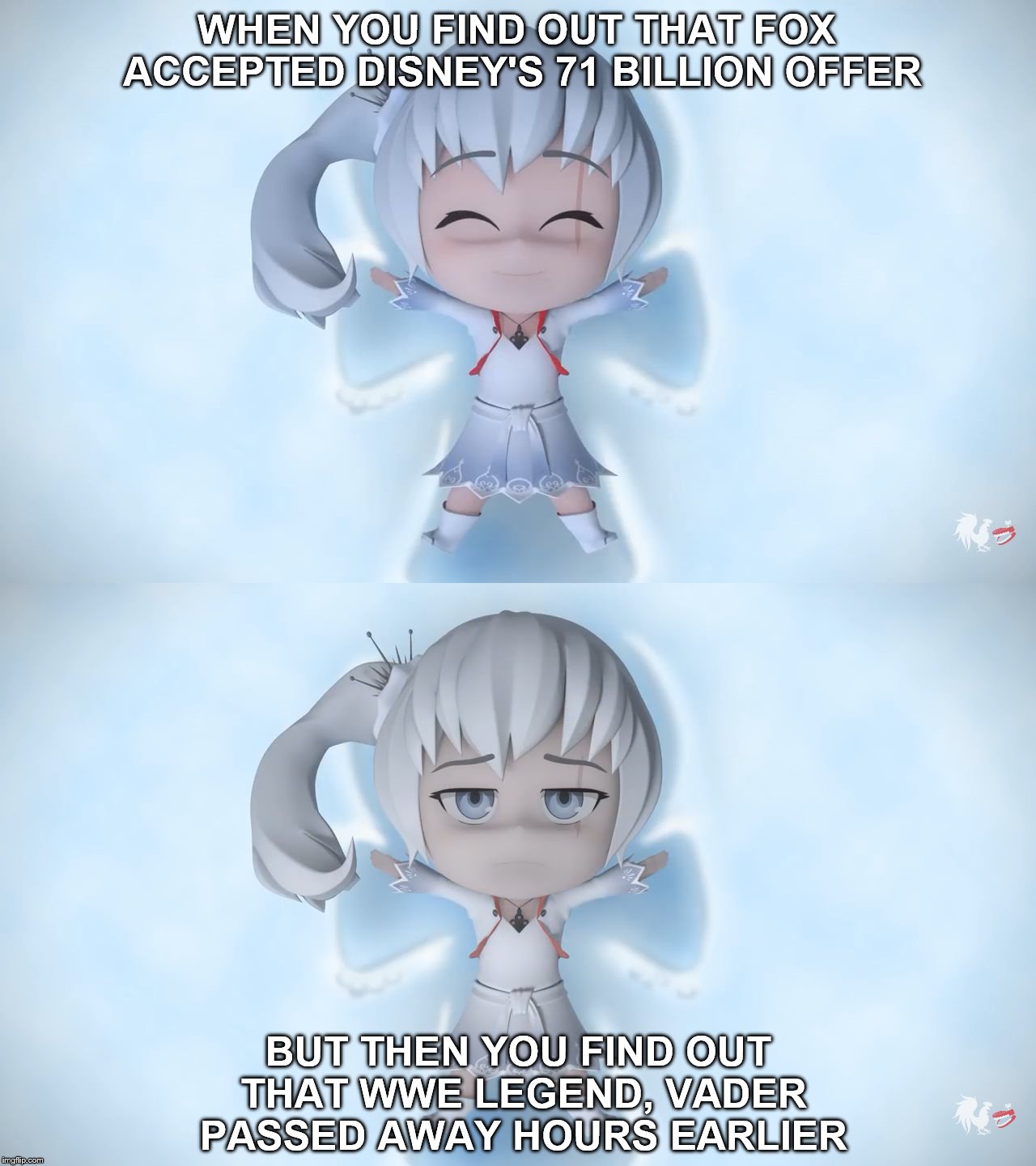 happy & sad Weiss 2 | WHEN YOU FIND OUT THAT FOX ACCEPTED DISNEY'S 71 BILLION OFFER; BUT THEN YOU FIND OUT THAT WWE LEGEND, VADER PASSED AWAY HOURS EARLIER | image tagged in weiss,rwby,rwby chibi,disney,wwe,vader | made w/ Imgflip meme maker