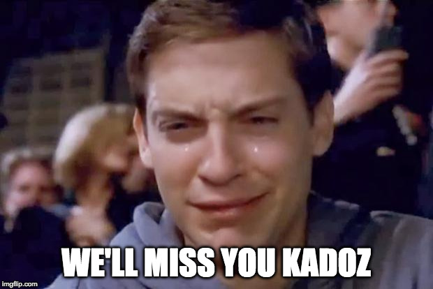 Tobey Maguire crying | WE'LL MISS YOU KADOZ | image tagged in tobey maguire crying | made w/ Imgflip meme maker
