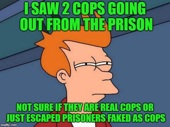 Futurama Fry Meme | I SAW 2 COPS GOING OUT FROM THE PRISON NOT SURE IF THEY ARE REAL COPS OR JUST ESCAPED PRISONERS FAKED AS COPS | image tagged in memes,futurama fry | made w/ Imgflip meme maker