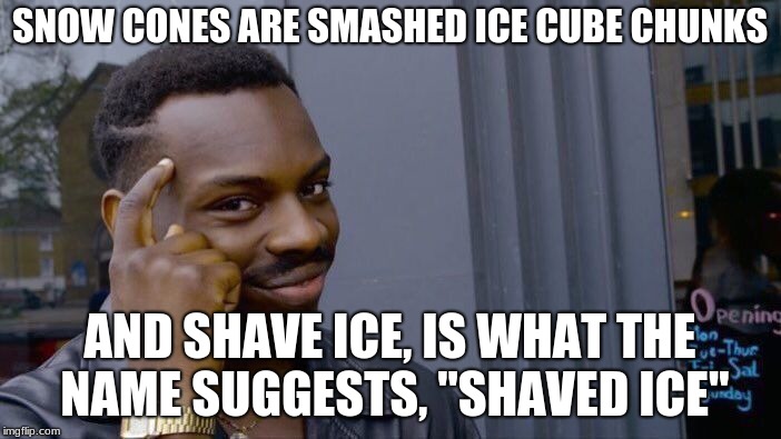 Roll Safe Think About It Meme | SNOW CONES ARE SMASHED ICE CUBE CHUNKS AND SHAVE ICE, IS WHAT THE NAME SUGGESTS, "SHAVED ICE" | image tagged in memes,roll safe think about it | made w/ Imgflip meme maker