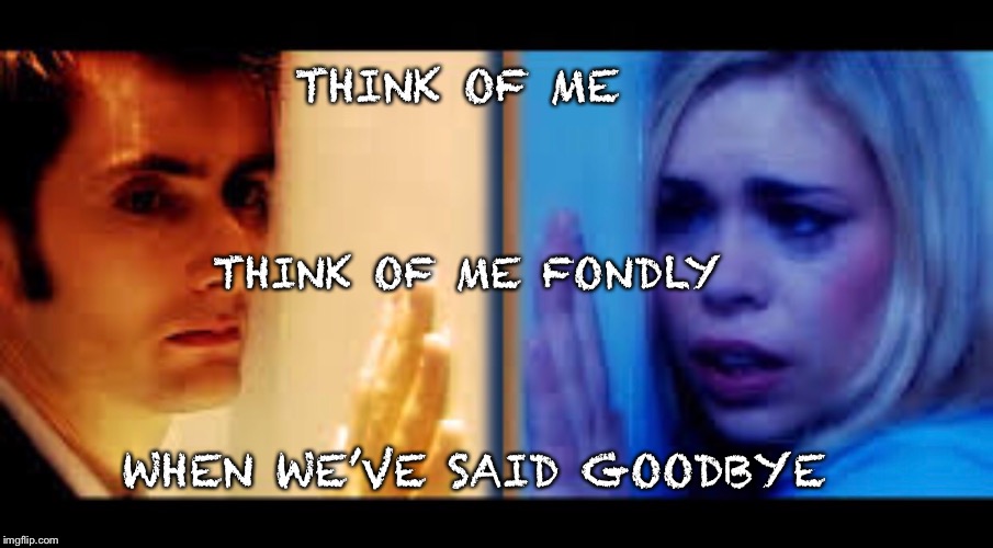 Think of me | THINK OF ME; THINK OF ME FONDLY; WHEN WE’VE SAID GOODBYE | image tagged in doctor who,rose tyler,10th doctor | made w/ Imgflip meme maker
