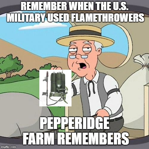 Pepperidge Farm Remembers | REMEMBER WHEN THE U.S. MILITARY USED FLAMETHROWERS; PEPPERIDGE FARM REMEMBERS | image tagged in memes,pepperidge farm remembers | made w/ Imgflip meme maker