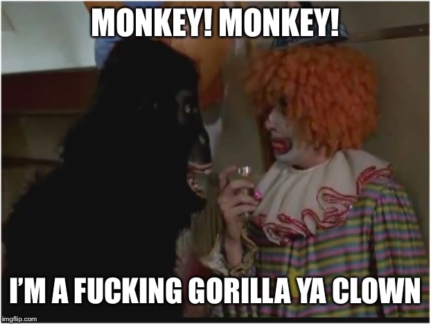 Monkey! I'm a gorilla ya clown! | MONKEY! MONKEY! I’M A F**KING GORILLA YA CLOWN | image tagged in monkey i'm a gorilla ya clown | made w/ Imgflip meme maker