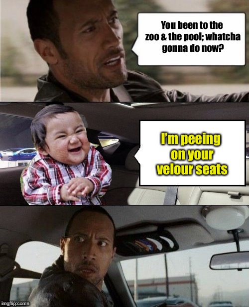 Evil Toddler Week | You been to the zoo & the pool; whatcha gonna do now? I’m peeing on your velour seats | image tagged in memes,evil toddler week,pee,car seats,funny memes | made w/ Imgflip meme maker