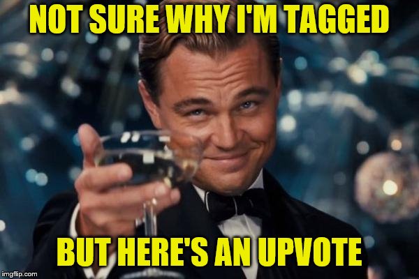 Leonardo Dicaprio Cheers Meme | NOT SURE WHY I'M TAGGED BUT HERE'S AN UPVOTE | image tagged in memes,leonardo dicaprio cheers | made w/ Imgflip meme maker