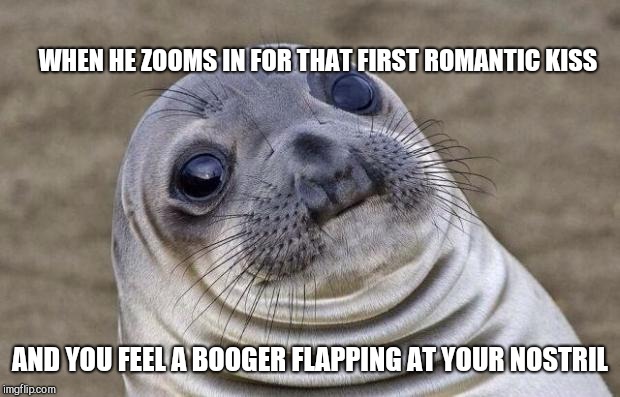 Awkward Moment Sealion Meme | WHEN HE ZOOMS IN FOR THAT FIRST ROMANTIC KISS; AND YOU FEEL A BOOGER FLAPPING AT YOUR NOSTRIL | image tagged in memes,awkward moment sealion | made w/ Imgflip meme maker