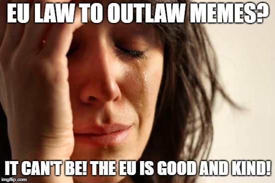First World Problems Meme | EU LAW TO OUTLAW MEMES? IT CAN'T BE! THE EU IS GOOD AND KIND! | image tagged in memes,first world problems | made w/ Imgflip meme maker