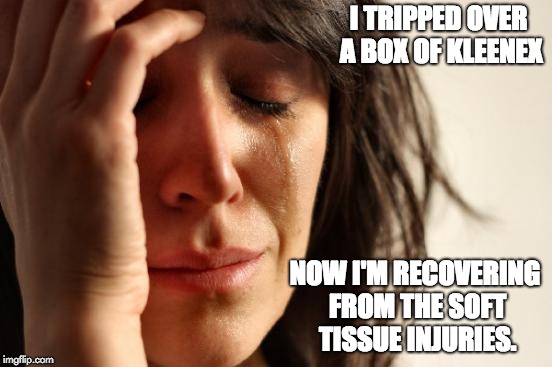 First World Problems Meme | I TRIPPED OVER A BOX OF KLEENEX; NOW I'M RECOVERING FROM THE SOFT TISSUE INJURIES. | image tagged in memes,first world problems | made w/ Imgflip meme maker