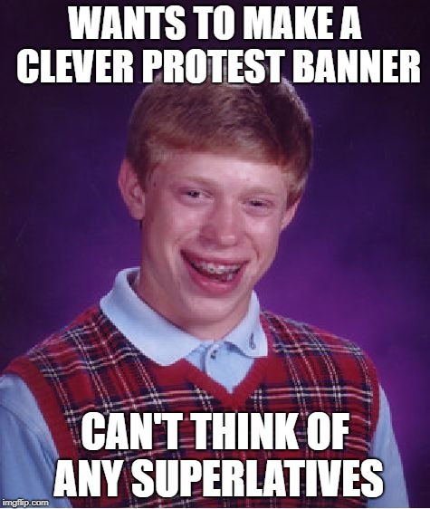 Bad Luck Brian Meme | WANTS TO MAKE A CLEVER PROTEST BANNER CAN'T THINK OF ANY SUPERLATIVES | image tagged in memes,bad luck brian | made w/ Imgflip meme maker