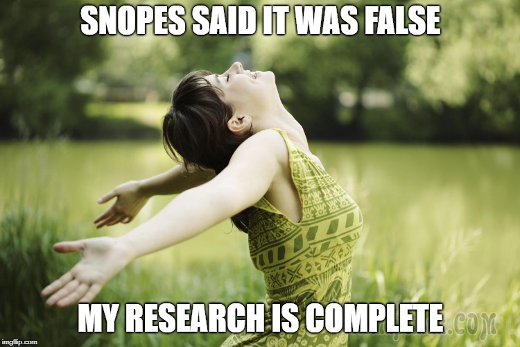 SNOPES SAID IT WAS FALSE; MY RESEARCH IS COMPLETE | made w/ Imgflip meme maker