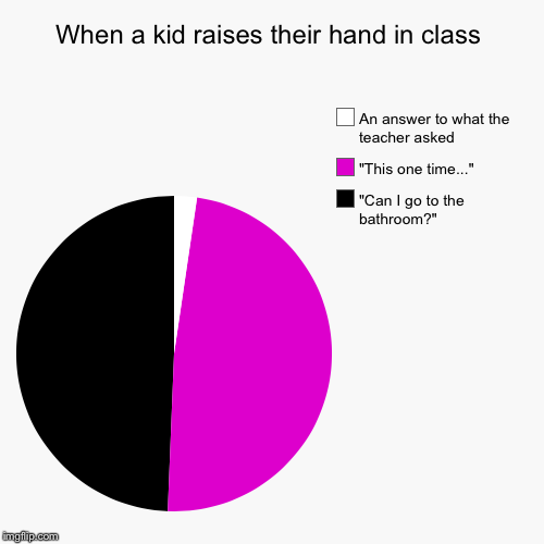 When a kid raises their hand in class | "Can I go to the bathroom?", "This one time...", An answer to what the teacher asked | image tagged in funny,pie charts | made w/ Imgflip chart maker