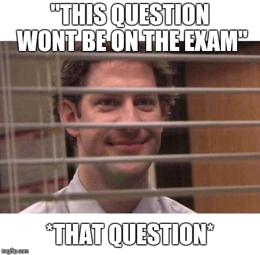 Jim Office Blinds | "THIS QUESTION WONT BE ON THE EXAM"; *THAT QUESTION* | image tagged in jim office blinds | made w/ Imgflip meme maker