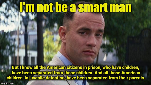 Forest gets it! DemiLibs ... not as smart as Forest. | I'm not be a smart man; But I know all the American citizens in prison, who have children, have been separated from those children. And all those American children, in juvenile detention, have been separated from their parents. | image tagged in democrats,illegal immigration,children,donald trump | made w/ Imgflip meme maker