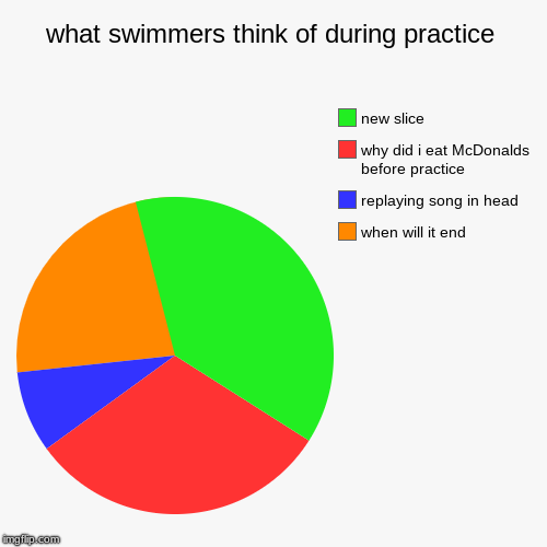 what swimmers think of during practice | when will it end, replaying song in head, why did i eat McDonalds before practice | image tagged in funny,pie charts | made w/ Imgflip chart maker