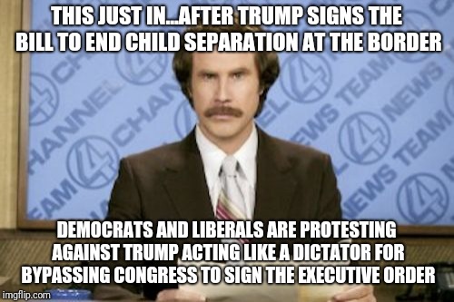 You can never win with a liberal... | THIS JUST IN...AFTER TRUMP SIGNS THE BILL TO END CHILD SEPARATION AT THE BORDER; DEMOCRATS AND LIBERALS ARE PROTESTING AGAINST TRUMP ACTING LIKE A DICTATOR FOR BYPASSING CONGRESS TO SIGN THE EXECUTIVE ORDER | image tagged in memes,ron burgundy | made w/ Imgflip meme maker