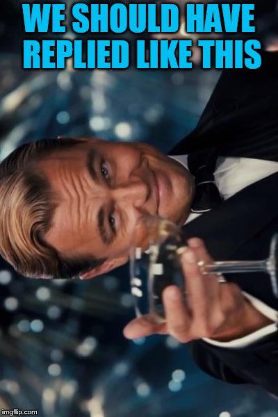 Leonardo Dicaprio Cheers Meme | WE SHOULD HAVE REPLIED LIKE THIS | image tagged in memes,leonardo dicaprio cheers | made w/ Imgflip meme maker