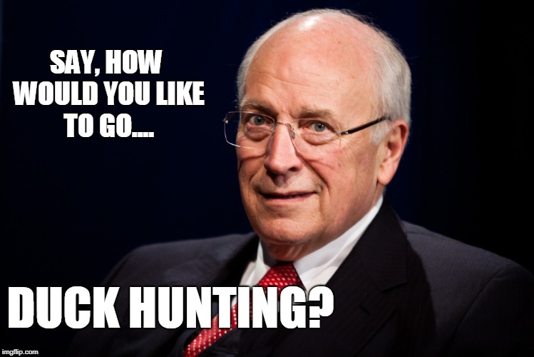 Duck Hunting? | SAY, HOW WOULD YOU LIKE TO GO.... DUCK HUNTING? | image tagged in dick cheney,comedy,funny,politics,conservatives | made w/ Imgflip meme maker