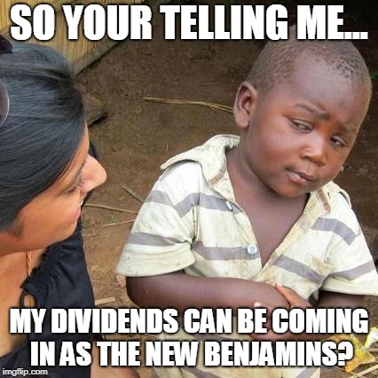 Third World Skeptical Kid Meme | SO YOUR TELLING ME... MY DIVIDENDS CAN BE COMING IN AS THE NEW BENJAMINS? | image tagged in memes,third world skeptical kid | made w/ Imgflip meme maker