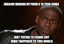 Kevin Hart | IMAGINE WAKING UP FROM A 10 YEAR COMA; JUST TRYING TO FIGURE OUT WHAT HAPPENED TO THIS WORLD | image tagged in memes,kevin hart the hell | made w/ Imgflip meme maker