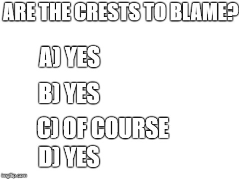 Blank White Template | ARE THE CRESTS TO BLAME? A) YES; B) YES; C) OF COURSE; D) YES | image tagged in blank white template | made w/ Imgflip meme maker