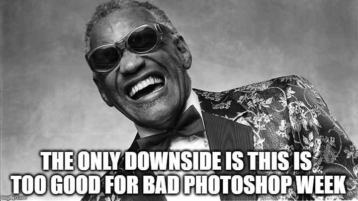 Ray Charles | THE ONLY DOWNSIDE IS THIS IS TOO GOOD FOR BAD PHOTOSHOP WEEK | image tagged in ray charles | made w/ Imgflip meme maker