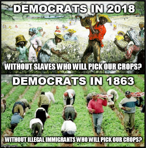 DEMOCRATS IN 2018; WITHOUT SLAVES WHO WILL PICK OUR CROPS? DEMOCRATS IN 1863; WITHOUT ILLEGAL IMMIGRANTS WHO WILL PICK OUR CROPS? | image tagged in democratic party,democrats,illegal immigration,slavery,liberals | made w/ Imgflip meme maker