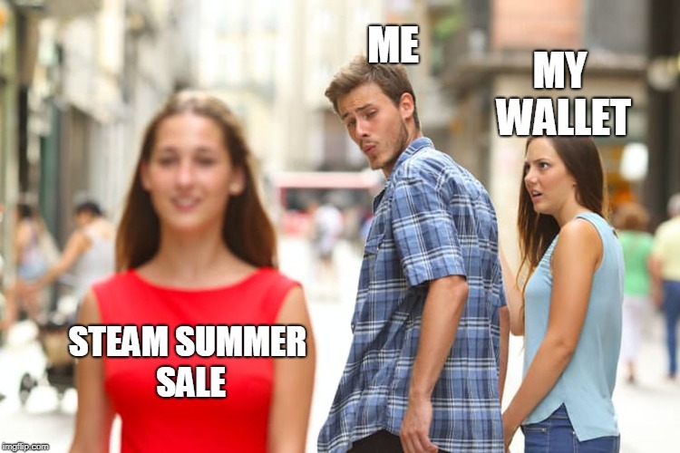 Distracted Boyfriend | ME; MY WALLET; STEAM SUMMER SALE | image tagged in memes,distracted boyfriend | made w/ Imgflip meme maker