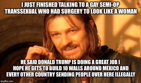 One Does Not Simply | I JUST FINISHED TALKING TO A GAY SEMI-OP TRANSSEXUAL WHO HAD SURGERY TO LOOK LIKE A WOMAN; HE SAID DONALD TRUMP IS DOING A GREAT JOB I HOPE HE GETS TO BUILD 10 WALLS AROUND MEXICO AND EVERY OTHER COUNTRY SENDING PEOPLE OVER HERE ILLEGALLY | image tagged in memes,one does not simply,true story | made w/ Imgflip meme maker