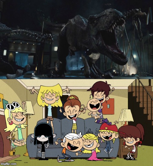 Loud kids reacting to Rexy's entrance and destruction of Spino skeleton. | image tagged in jurassic world,jurassic park t rex,the loud house | made w/ Imgflip meme maker