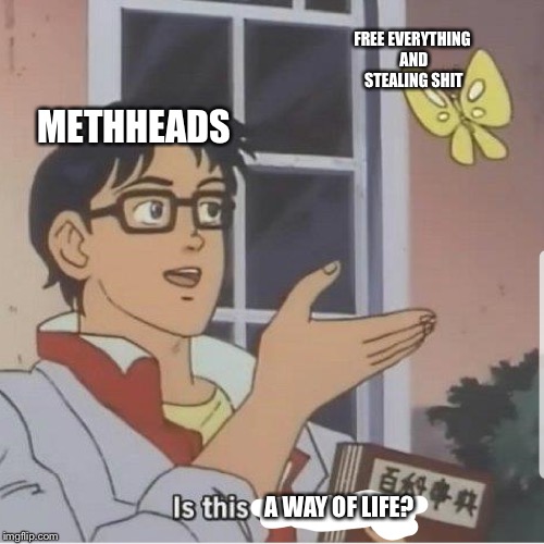 Butterfly man | FREE EVERYTHING AND STEALING SHIT; METHHEADS; A WAY OF LIFE? | image tagged in butterfly man | made w/ Imgflip meme maker