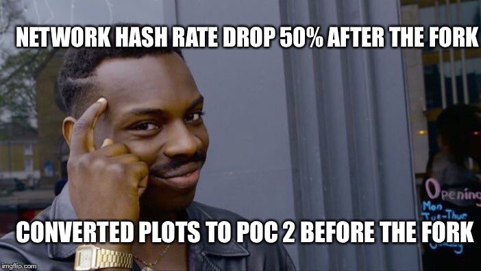 Roll Safe Think About It Meme | NETWORK HASH RATE DROP 50% AFTER THE FORK; CONVERTED PLOTS TO POC 2 BEFORE THE FORK | image tagged in memes,roll safe think about it | made w/ Imgflip meme maker