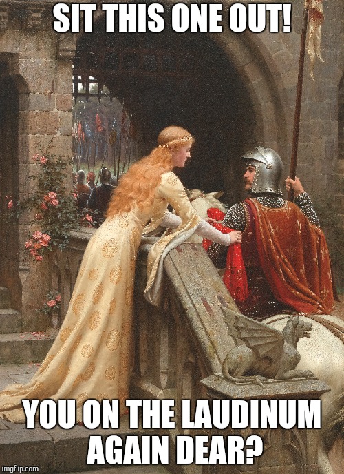 Don't Want to Miss a Good Battle (Medieval Week June 20th to 27th A IlikePie3.14159265358979 event) | SIT THIS ONE OUT! YOU ON THE LAUDINUM AGAIN DEAR? | image tagged in medieval week,medieval memes | made w/ Imgflip meme maker